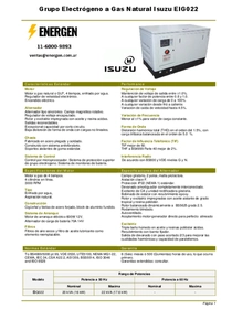 Grupo Electrógeno a Gas Isuzu EIG022 - Ficha Técnica