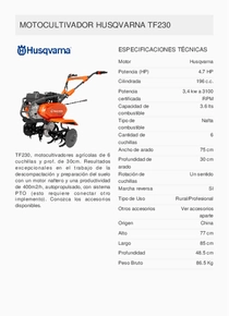 Motocultivador Nafta Husqvarna TF 230 - Ficha Técnica