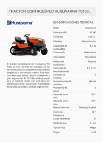 Mini Tractor Husqvarna TS138L - Ficha Técnica