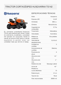 Mini Tractor Husqvarna TS142 - Ficha Técnica