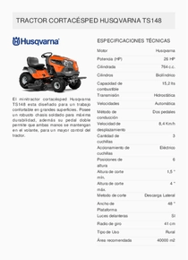 Mini Tractor Husqvarna TS148 - Ficha Técnica