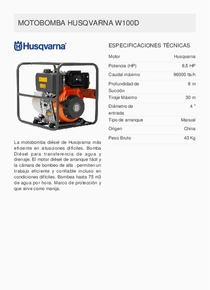 Motobomba Diesel Husqvarna W100D - Ficha Técnica