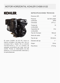 Motor Nafta Kohler CH395-0122 - Ficha Técnica