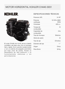 Motor Nafta Kohler CH440-3031 - Ficha Técnica