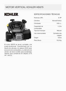 Motor Nafta Kohler HD675 - Ficha Técnica