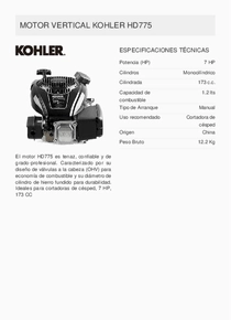 Motor Nafta Kohler HD775 - Ficha Técnica