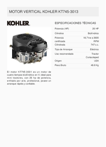 Motor Nafta Kohler KT745-3015 - Ficha Técnica