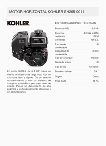 Motor Nafta Kohler SH265-0011 - Ficha Técnica