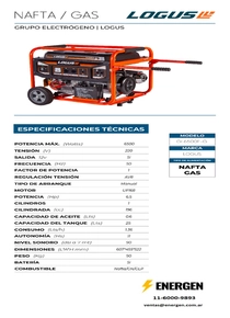 Grupo Electrógeno Nafta y Gas Logus GL6500E-G - Ficha Técnica