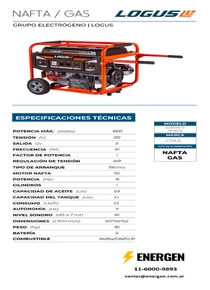 Grupo Electrógeno Nafta y Gas Logus GL8500E-G - Ficha Técnica