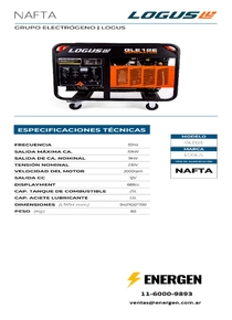 Grupo Electrógeno Nafta Logus GLE12E - Ficha Técnica