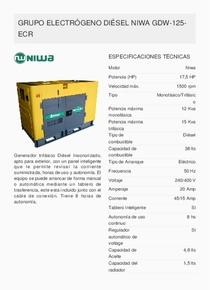 Grupo Electrógeno Diesel Niwa GDW-125-ECR - Ficha Técnica