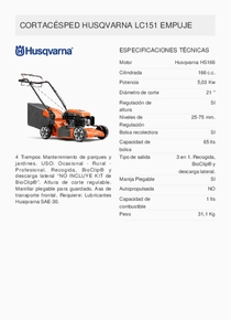 Cortadora de Césped Husqvarna LC151 - Ficha Técnica