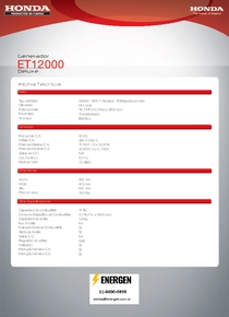 Grupo Electrógeno Nafta Honda ET12000 - Ficha Técnica