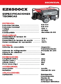 Grupo Electrógeno Nafta Honda EZ6500CX - Ficha Técnica