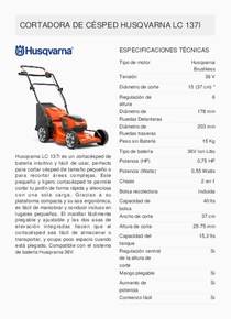 Cortadora de Césped a Batería Husqvarna LC137I - Ficha Técnica