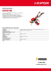 Motocultivador Nafta Kipor KGT510L - Ficha Técnica