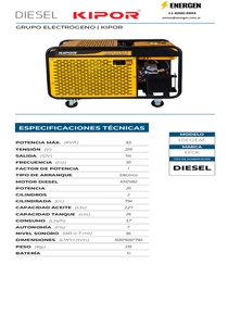 Grupo Electrógeno Diesel Kipor KDE12EAF - Ficha Técnica