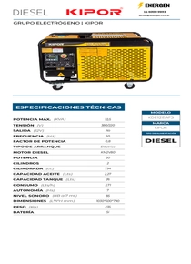 Grupo Electrógeno Diesel Kipor KDE12EAF3 - Ficha Técnica