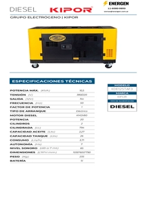 Grupo Electrógeno Diesel Kipor KDE12STAF3 - Ficha Técnica