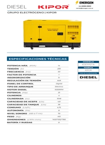 Grupo Electrógeno Diesel Kipor KDE19STA - Ficha Técnica