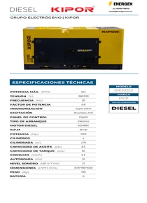 Grupo Electrógeno Diesel Kipor KDE20SS3 - Ficha Técnica