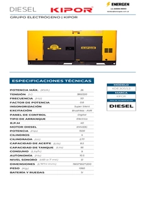 Grupo Electrógeno Diesel Kipor KDE30SS3 - Ficha Técnica