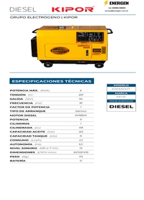 Grupo Electrógeno Diesel Kipor KDE6500T - Ficha Técnica