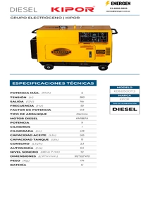 Grupo Electrógeno Diesel Kipor KDE6500T3 - Ficha Técnica