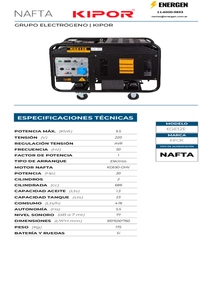 Grupo Electrógeno Nafta Kipor KGE12E - Ficha Técnica