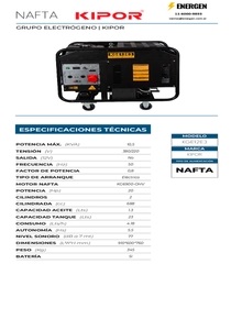 Grupo Electrógeno Nafta Kipor KGE12E3 - Ficha Técnica