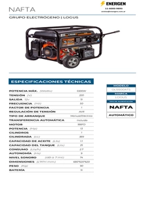 Grupo Electrógeno Nafta Logus GL5500E ATS - Ficha Técnica