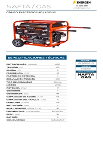 Grupo Electrógeno Nafta y Gas Logus GL6500E-G - Ficha Técnica