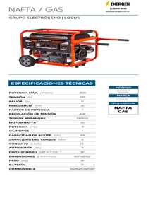 Grupo Electrógeno Nafta y Gas Logus GL8500E-G - Ficha Técnica