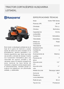 Mini Tractor Husqvarna LGT2654 - Ficha Técnica