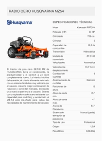 Tractor Husqvarna Radio Giro Cero MZ54 - Ficha Técnica