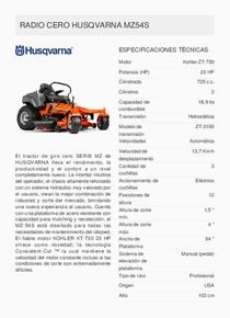 Tractor Husqvarna Radio Giro Cero MZ54S - Ficha Técnica