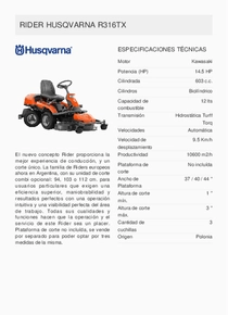 Tractor Husqvarna Radio Giro Cero RC318T - Ficha Técnica