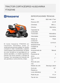 Mini Tractor Husqvarna YTA22V46 - Ficha Técnica