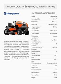 Mini Tractor Husqvarna YTH1942 - Ficha Técnica