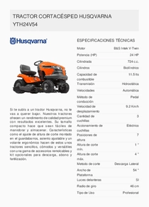 Mini Tractor Husqvarna YTH24V54 - Ficha Técnica