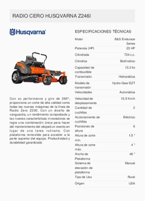 Tractor Husqvarna Radio Giro Cero Z246I - Ficha Técnica