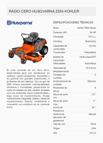 Tractor Husqvarna Radio Giro Cero Z254 - Ficha Técnica