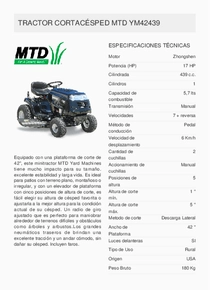 Mini Tractor MTD YM42175 - Ficha Técnica