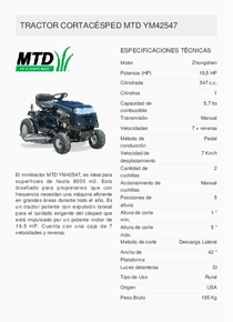 Mini Tractor MTD YM42547 - Ficha Técnica