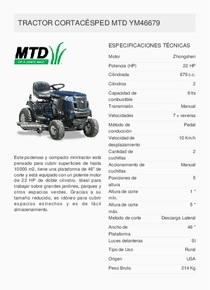 Mini Tractor MTD YM46679 - Ficha Técnica