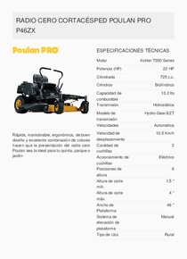 Tractor Radio Cero Poulan Pro P46ZX 22HP 42″ - Ficha Técnica