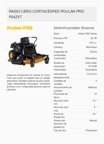 Tractor Radio Cero Poulan Pro P54ZX 26HP 54″ - Ficha Técnica