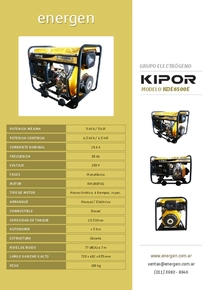 Grupo Electrógeno Diesel Kipor KDE6500E - Folleto