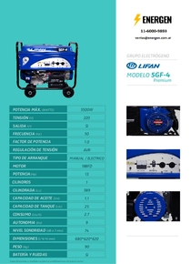 Grupo Electrógeno Nafta Lifan 5GF-4Prm - Ficha técnica